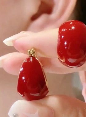 红色画油C型耳扣耳环女简约小款网红百搭耳饰2025新款银针防过敏