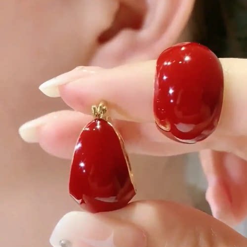 红色画油C型耳扣耳环女简约小款网红百搭耳饰2025新款银针防过敏