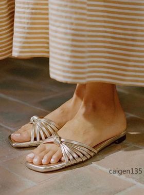 女夏平底细带编织羊皮拖鞋度假