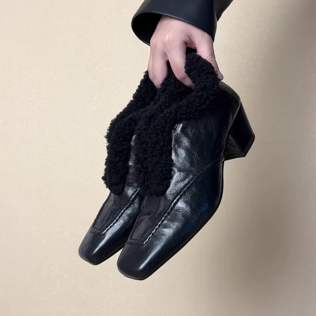 RubyL/4.5cm复古羊皮深口单鞋女加绒方头粗跟百搭通勤毛毛鞋时尚,女鞋,深口单鞋,淘宝优惠券,粉丝福利购,淘宝优惠卷