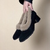 RubyL 女 舒适软底圆头深口粗跟单鞋 4.5cm时尚 百搭拼色羊羔毛毛鞋