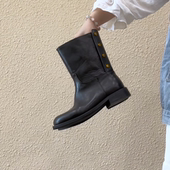 复古牛皮圆头金色字母扣休闲英伦风中筒机车靴女款 RubyL 3cm时尚