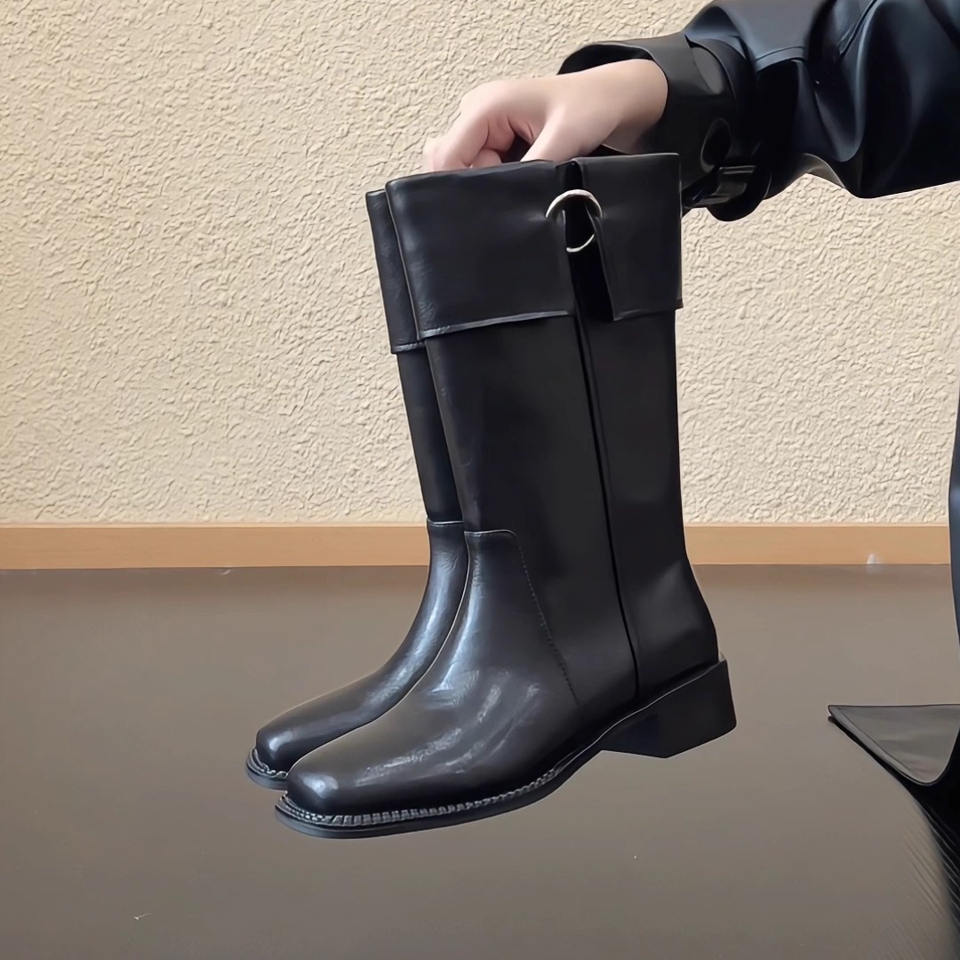 套筒中筒骑士靴女牛皮方头粗跟