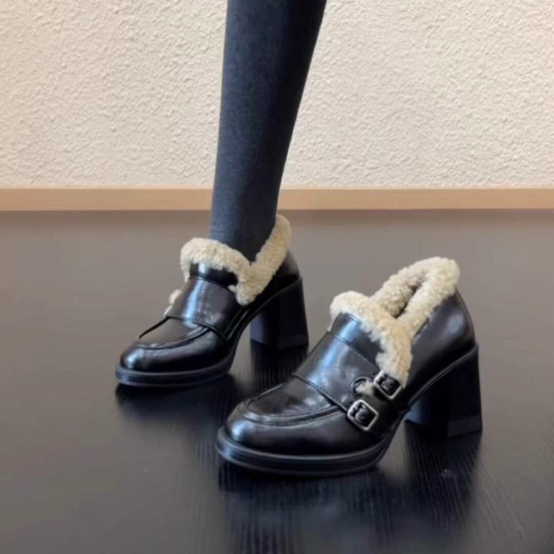 RubyL/7.5cm小个子高跟乐福鞋牛皮皮带扣粗跟保暖冬季加绒毛毛鞋