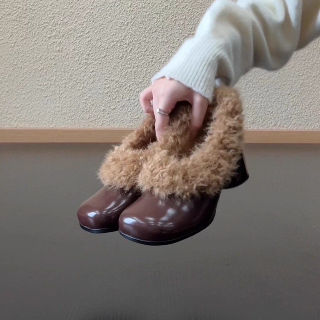 RubyL/5.5cm复古毛呢玛丽珍鞋女加绒一脚蹬高跟时尚休闲百搭皮鞋,女鞋,玛丽珍鞋,淘宝优惠券,粉丝福利购,淘宝优惠卷