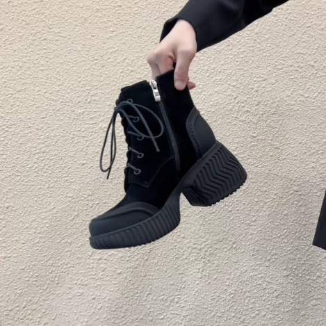 RubyL/8cm小个子增高厚底马丁靴复古磨砂羊皮系带侧拉链休闲短靴