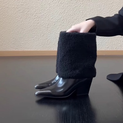 尖头粗跟牛皮增高中筒靴时装靴