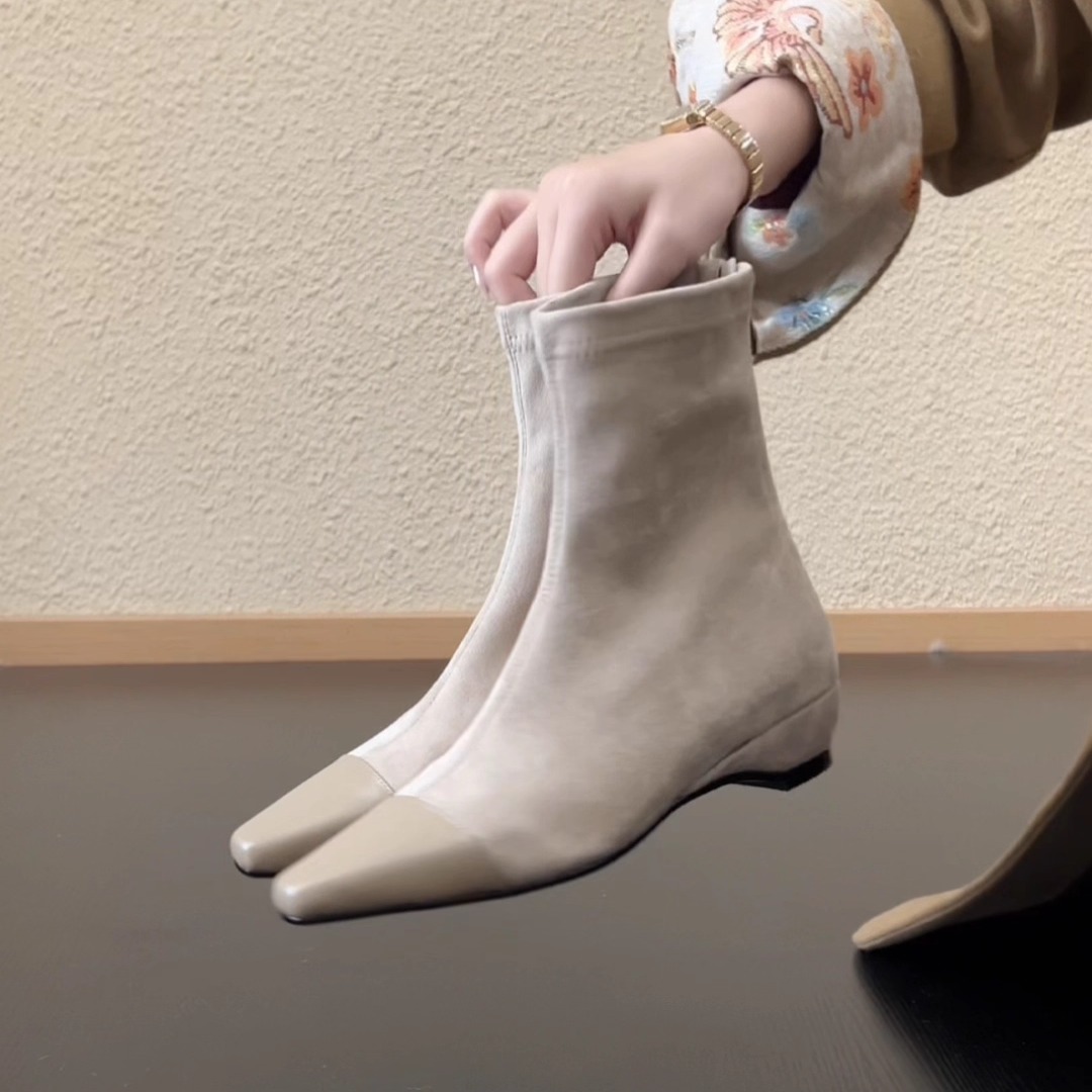 牛皮后拉链瘦瘦靴方头粗跟短靴