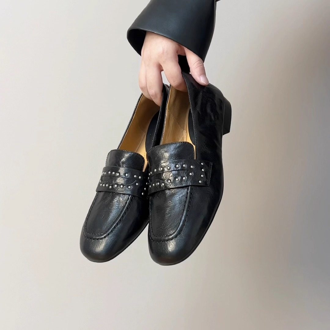 RubyL/2cm英伦风方头铆钉乐福鞋女羊皮一脚蹬软底通勤低跟小皮鞋,女鞋,乐福鞋（豆豆鞋）,淘宝优惠券,粉丝福利购,淘宝优惠卷