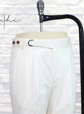 男士乳白色中腰双褶休闲修身西裤定制 调节腰袢微弹棉质chino裤