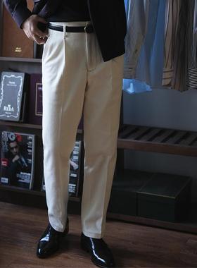 leo意式好莱坞西裤男春秋款白色纯棉牛仔裤复古高腰直筒休闲裤子