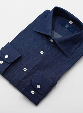 Leo男士全棉衬衫蓝色牛仔长袖高端时尚休闲修身衬衣私人定制男装