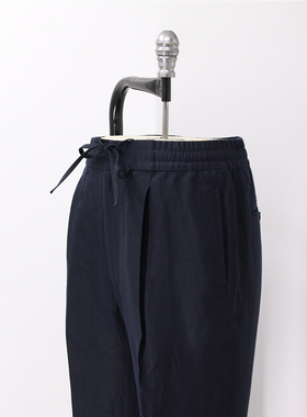 Leo夏季新品薄款蓝色亚麻透气意式高腰宽松直筒抽绳休闲裤男长裤