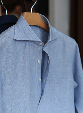 Leo男士长袖亚麻衬衫夏季polo蓝色半开领商务休闲高级感衬衣定制