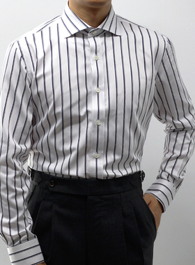 条纹衬衫男长袖高级感蓝色纯棉意式温莎领商务休闲修身衬衣定制