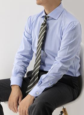 leo男士衬衫长袖蓝色一字领140高支棉修身商务高级感痞帅衬衣定制