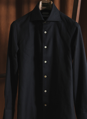 Canclini法兰绒衬衫男秋冬高级感温莎领蓝黑色保暖磨毛长袖衬衣