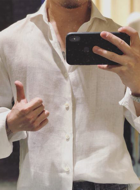Leo男士亚麻衬衫白色春夏季休闲长袖青年私人量身定制高级感衬衣