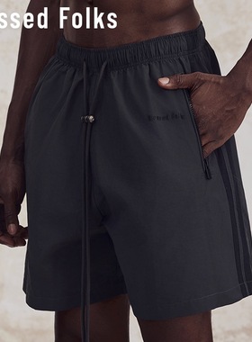 BlessedFolks秋凉感轻薄美式休闲深色条纹拼接男女运动长短裤