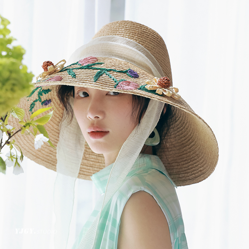 印计谷羽设计师原创高级感绣花大檐拉菲草帽女春夏季防晒遮阳帽子