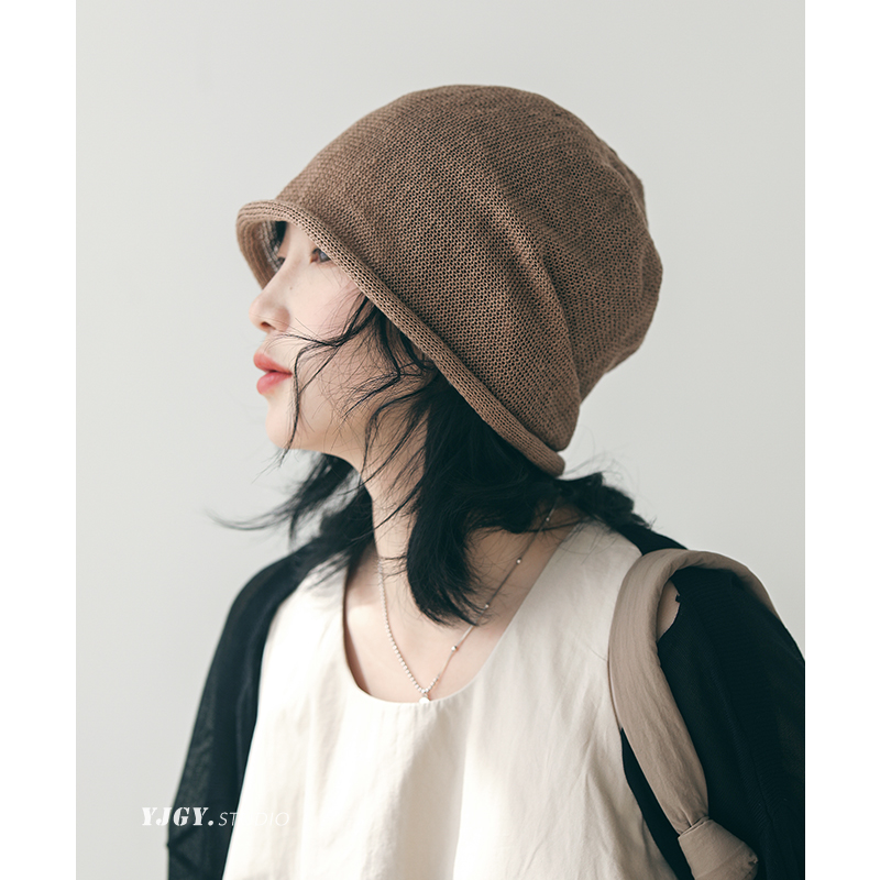 印计谷羽亚麻卷边栗子帽