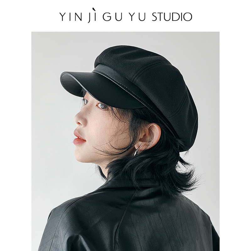 印计谷羽皮质帽舌报童帽