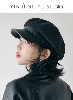印计谷羽 文艺复古报童帽女秋冬天韩版百搭纯色皮质帽檐鸭舌帽子