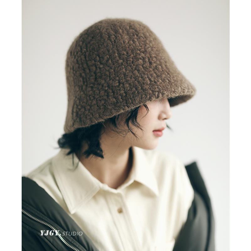 印计谷羽仿羊羔毛渔夫帽