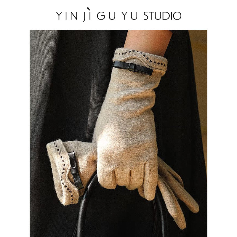 印计谷羽 原创羊毛手套女秋冬季骑车保暖加绒加厚五指可触屏手套