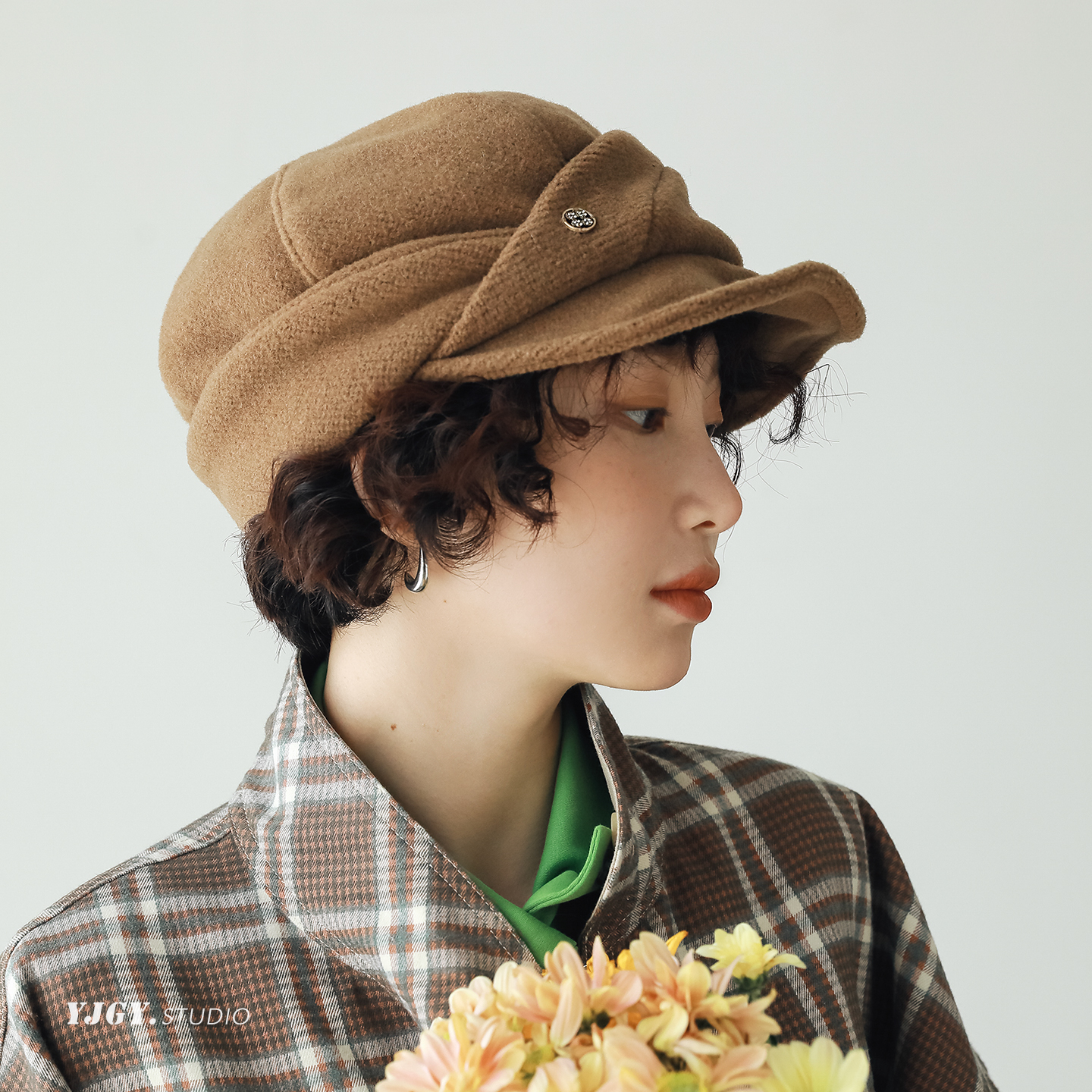 印计谷羽 设计感螺旋羊毛报童帽子女秋冬季显脸小文艺保暖鸭舌帽