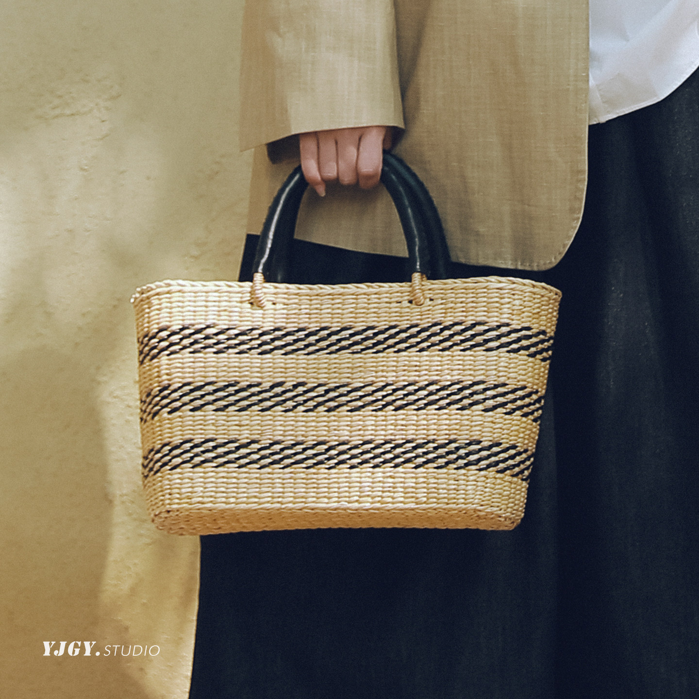 印计谷羽 法式条纹草编包包女手提托特包轻奢海边度假风大容量包