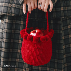 印计谷羽红色毛线钩针编织手提包设计感日系羊毛材料包DIY手工包