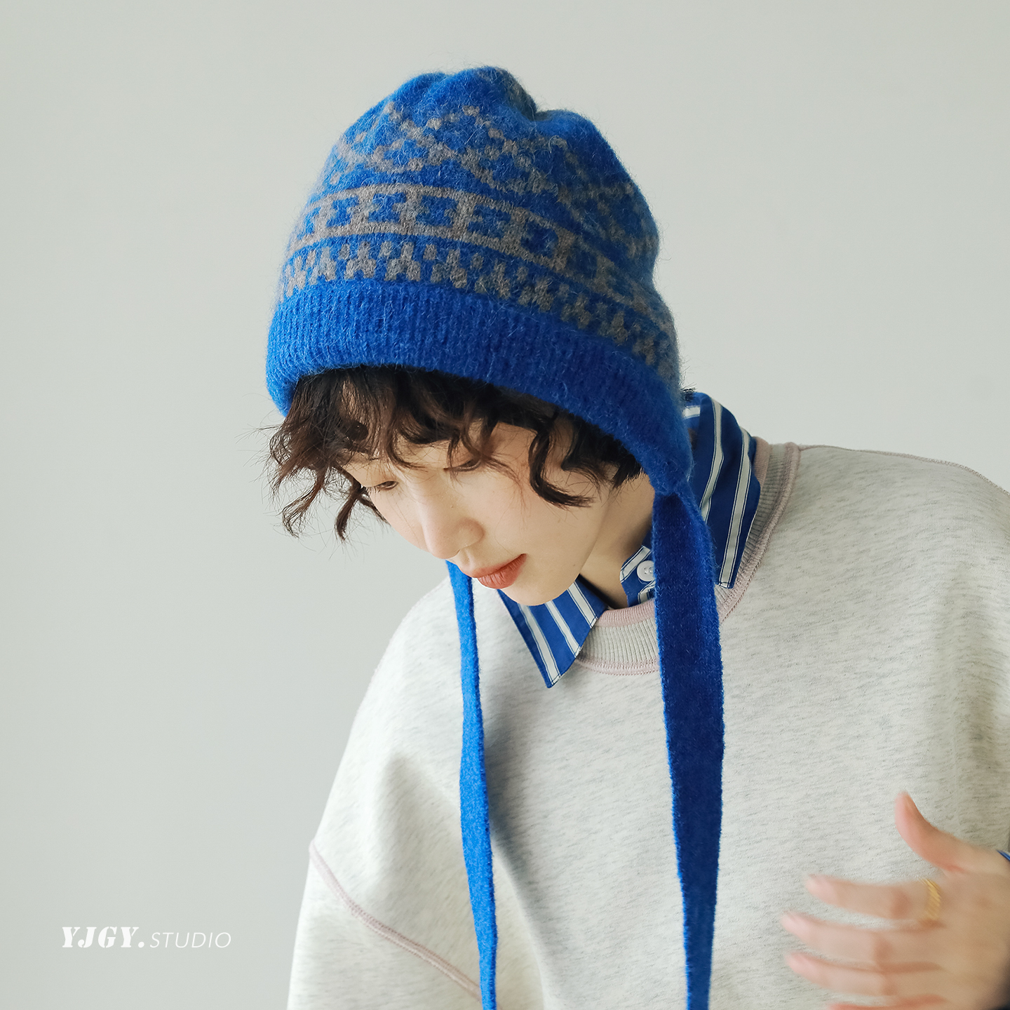 印计谷羽设计师原创撞色羊毛萝莉帽女秋冬季百搭针织毛线帽子保暖