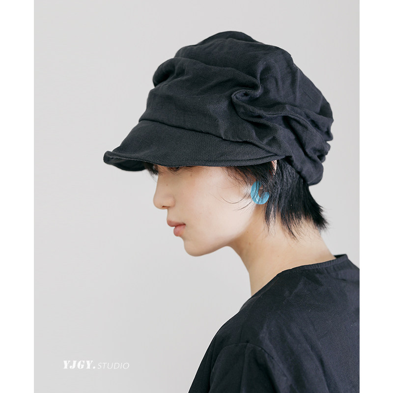 印计谷羽 春夏天透气褶皱纯亚麻复古报童帽宽松日系文艺鸭舌帽子