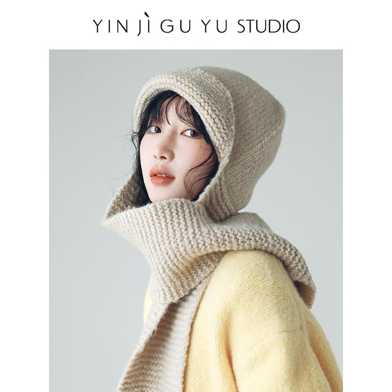 印计谷羽 原创帽子女冬季百搭一体式保暖护耳帽羊毛针织连帽围巾