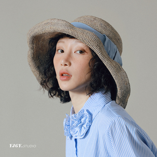 印计谷羽大檐拉菲草帽女春夏遮阳防晒帽海边度假高级感显脸小帽子