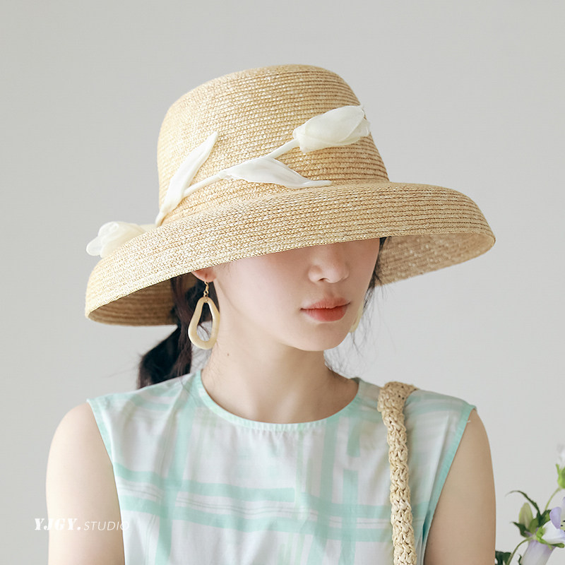 印计谷羽设计师原创自留款郁金香遮阳草帽女春夏度假显脸小防晒帽