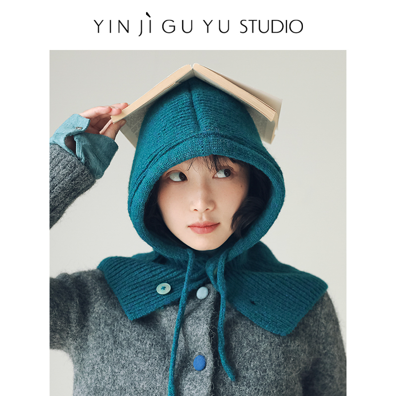 印计谷羽设计师自留羊毛针织帽子女秋冬天保暖护耳抽绳毛线披肩帽