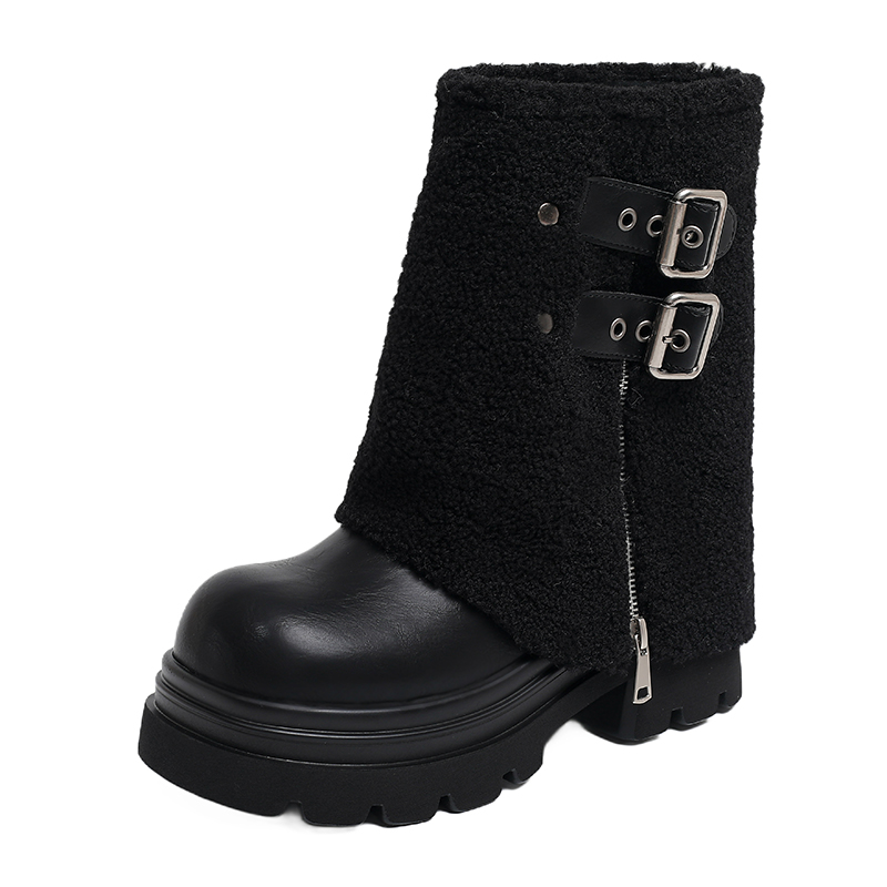 圆头厚底增高皮带扣靴时尚百搭女