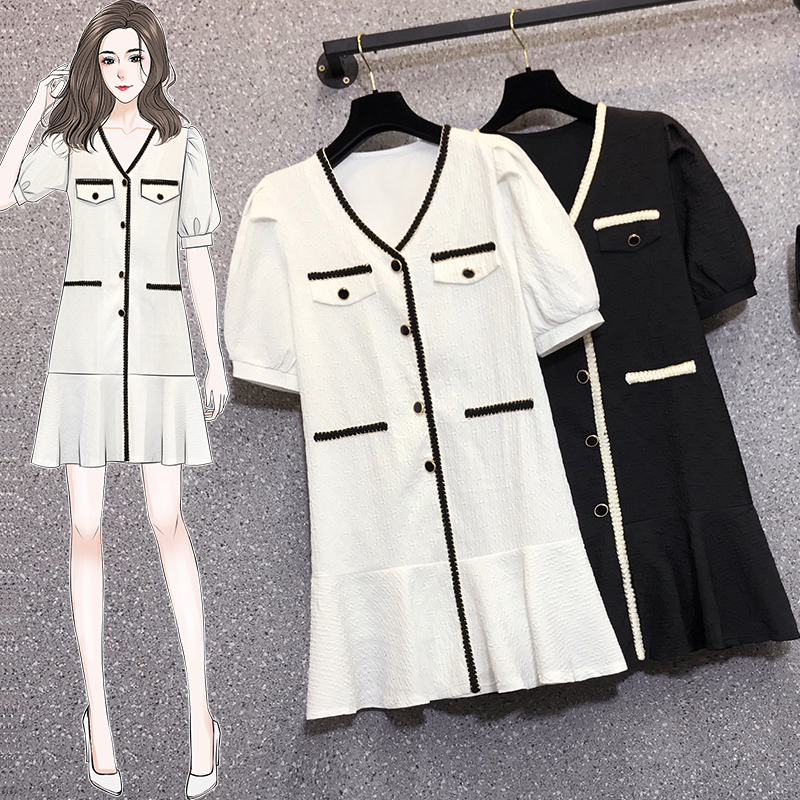 Real photo 2021 summer new fat mm fashion design bubble sleeve V-neck small temperament skirt