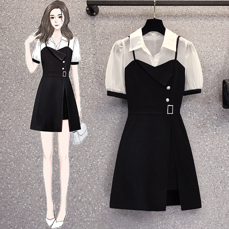Real shot 2021 summer new style fat mm show thin age reduction splicing waist gentle temperament small black skirt suit