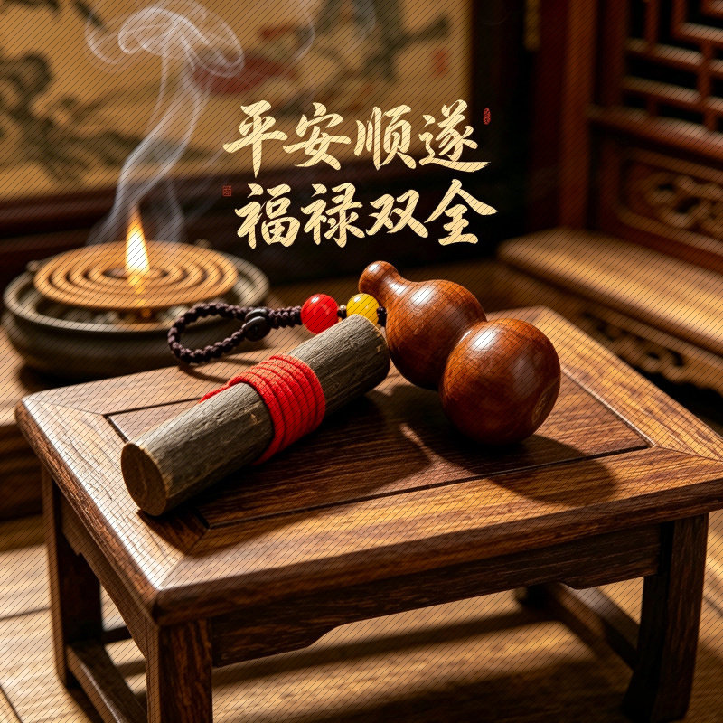 手工木雕福禄葫芦钥匙扣 原木红绳随身吉祥挂饰 车载挂坠文创礼品