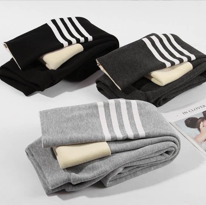 女童打底裤九分韩版条纹加绒加厚外穿儿童一体绒保暖裤女孩棉裤子