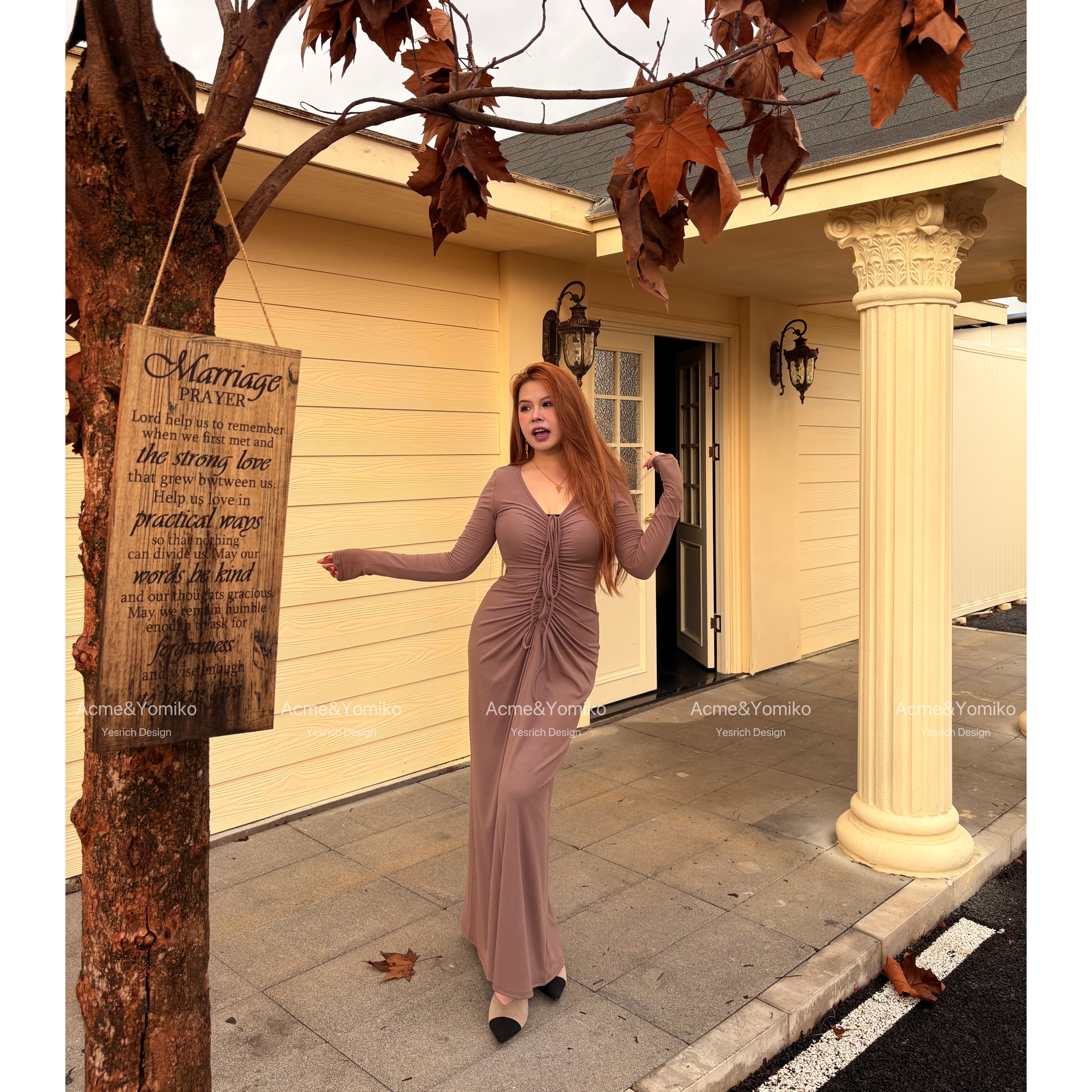 璃秋轻语 法式浪漫温柔复古气质御姐收腰显瘦缩褶设计连衣裙G300