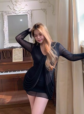 夏季网纱带里布性感设计感短款连衣裙纯欲修身收腰显瘦短裙G086