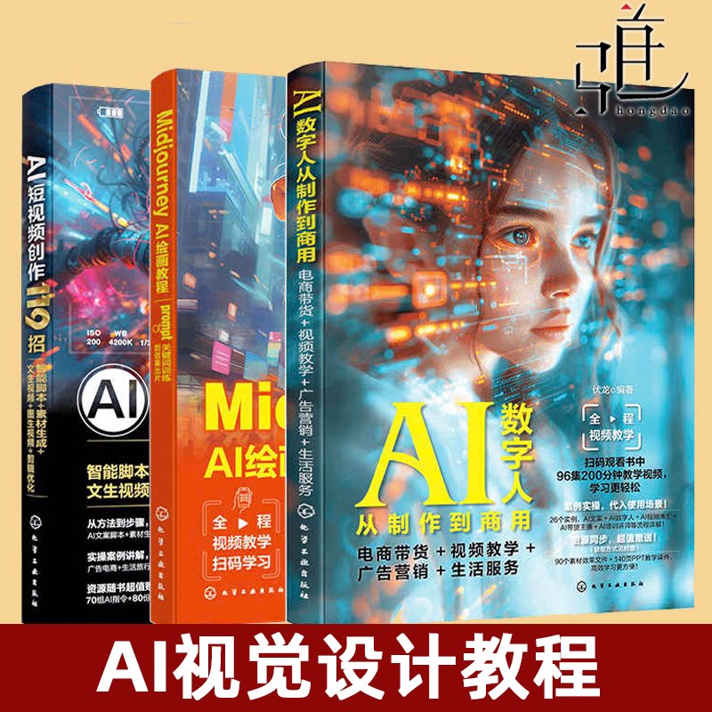 3册 AI短视频创作119招+Midjourney AI绘画教程+AI数字人从制作到商用 脚本素材文生视频图生视频AI剪辑 电商带货广告营销人工智能图片