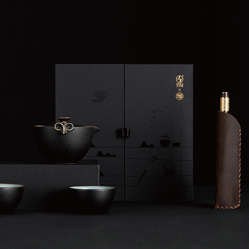 笔下X万仟堂联名文化创意茶礼套装 黑檀木镀金轮回签字笔+流金岁月黑铁釉茶具组 文人雅士商务赠礼良师益友年会礼送爸爸长辈师傅