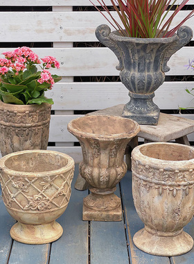 欧式复古粗陶高脚奖杯花盆阳台花园庭院造景透气耐用残破风装饰