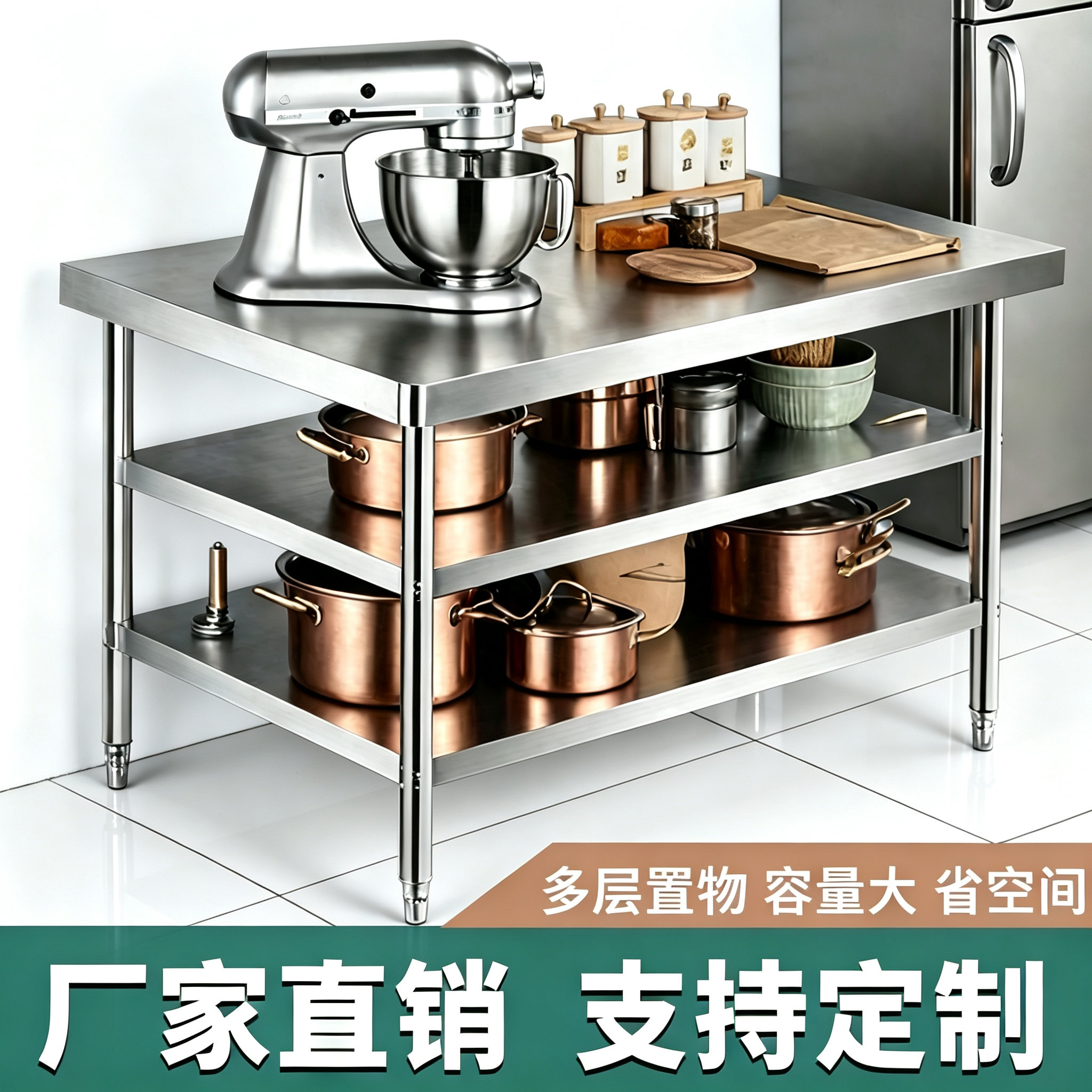 圆角不锈钢工作台商用厨房操作台剁骨后厨配菜桌子饭店三层置物架