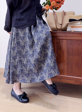 雯闺蜜 高级感蓝紫色枝叶21支水洗亚麻印花半身裙女文艺复古长裙